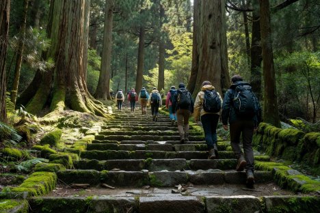 Walkers ascending moss-covered stone steps beneath cedar trees on the Kumano Kodo route in Wakayama