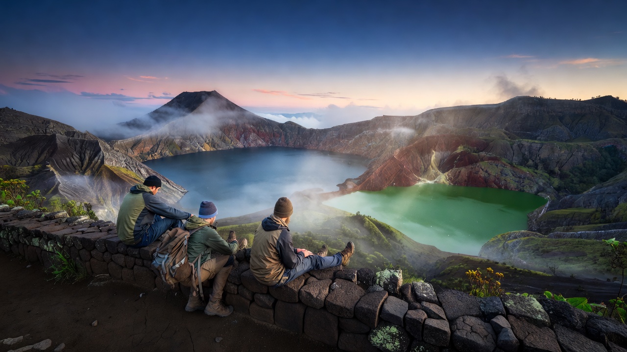 Walkers resting on a stone wall at dawn overlooking the volcanic crater lakes of Kelimutu National Park in Flores, Indonesia