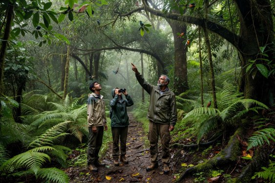 Forestry guide pointing out canopy birds to two visitors on a damp fern trail in Sinharaja Forest Reserve, Sri Lanka
