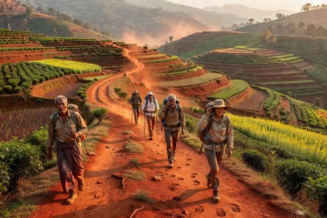 Walkers and a local guide walking along red-earth agricultural footpaths in limestone hills