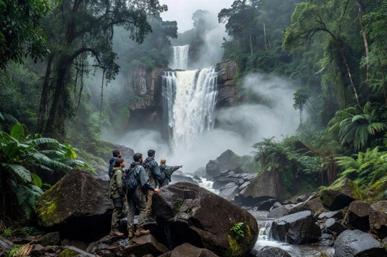Hikers standing on basalt boulders looking across a misty jungle waterfall on the Bolaven Plateau in southern Laos