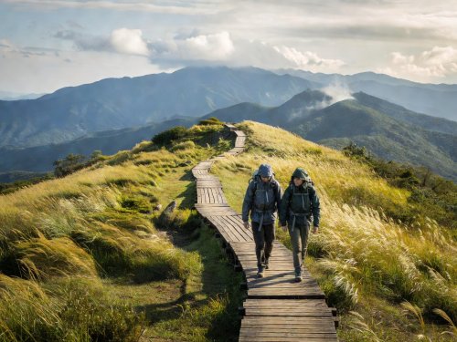 Two hikers in windshells walking along a wooden boardwalk on the grassy ridge of Sobaeksan National Park, South Korea